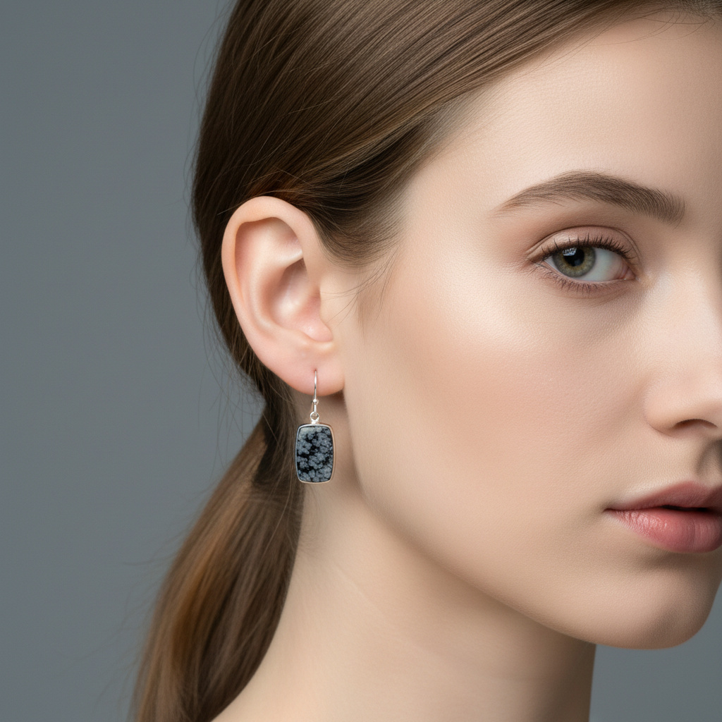 Серьги обсидиан снежный США (серебро 925 пр. родир. бел.)