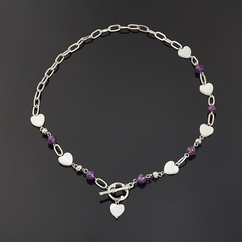 Колье микс аметист, перламутр (сталь хир.) 6 мм 45 см