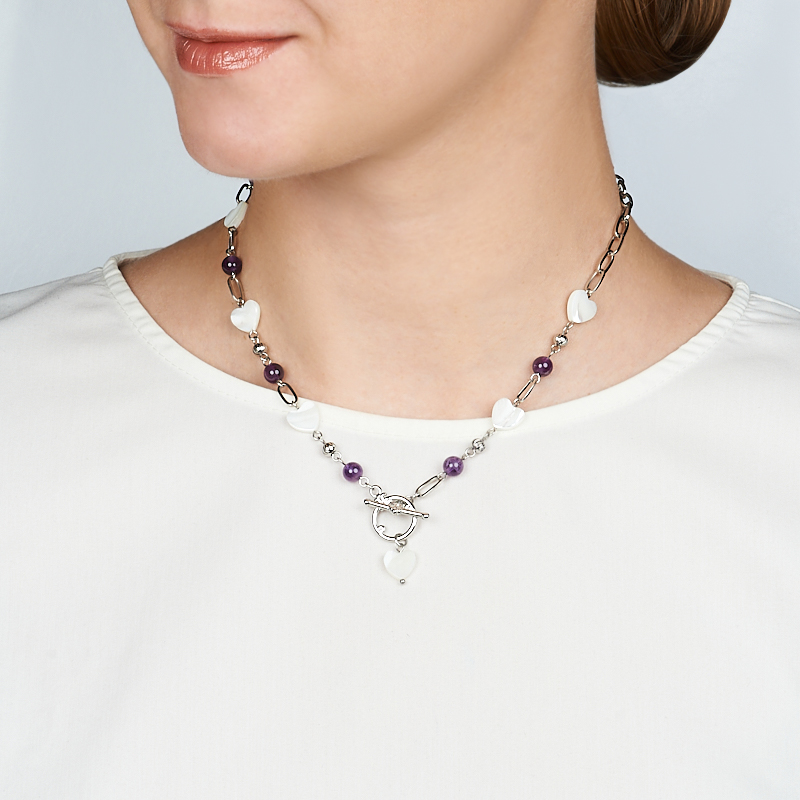 Колье микс аметист, перламутр (сталь хир.) 6 мм 45 см