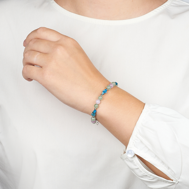 Браслет микс авантюрин, апатит, кунцит (сталь хир.) 6 мм 17 см (+3 см)