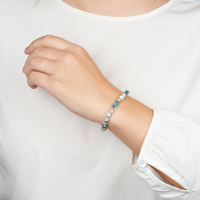 Браслет микс апатит, лабрадор, ларимар (сталь хир.) 6 мм 16 см (+3 см)