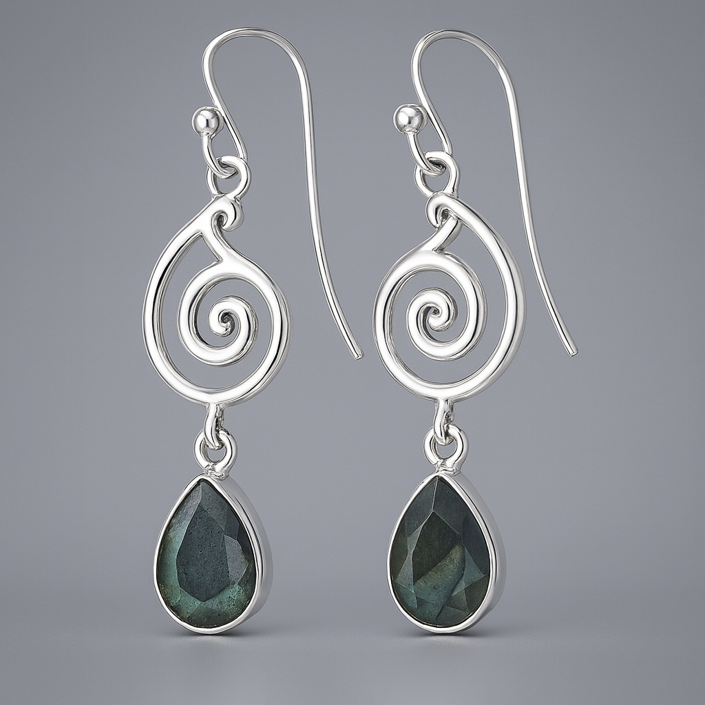 Серьги лабрадор Мадагаскар (серебро 925 пр. родир. бел.) огранка