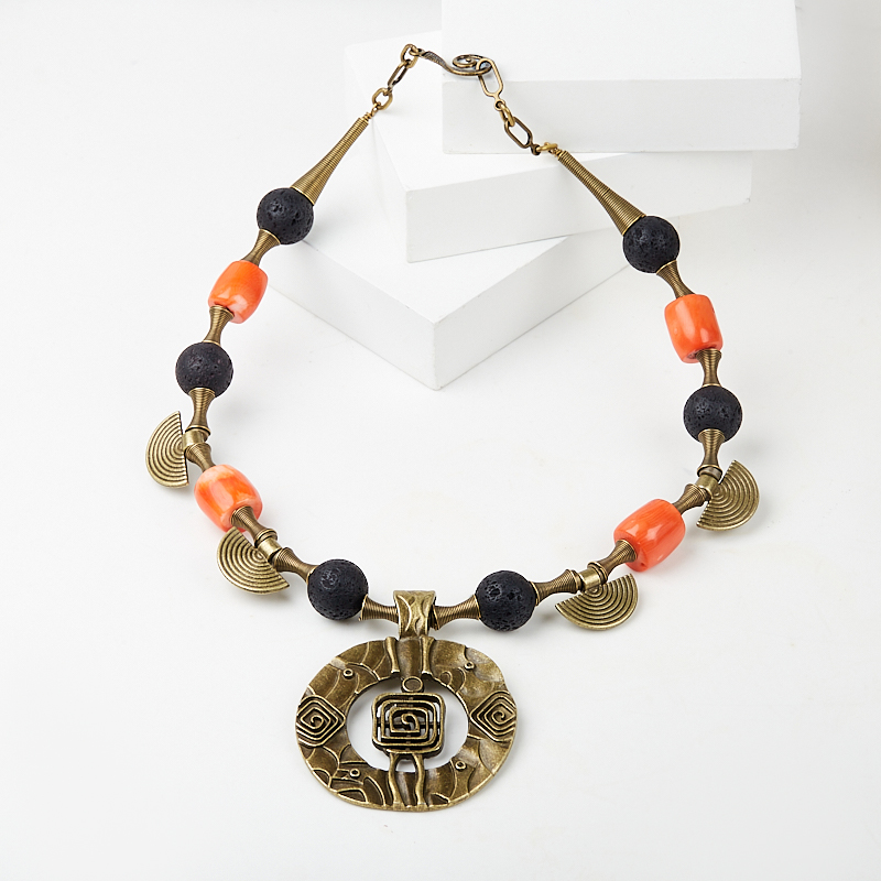 Бусы микс вулканическая лава, коралл (колье) 48 см (+2 см) (биж. сплав)