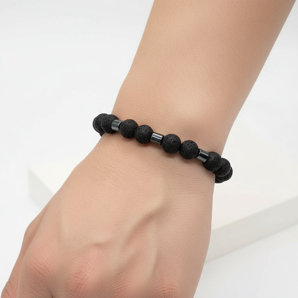 Браслет микс вулканическая лава, гематит 19 см