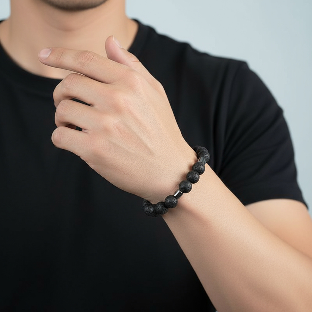 Браслет микс вулканическая лава, гематит 20 см