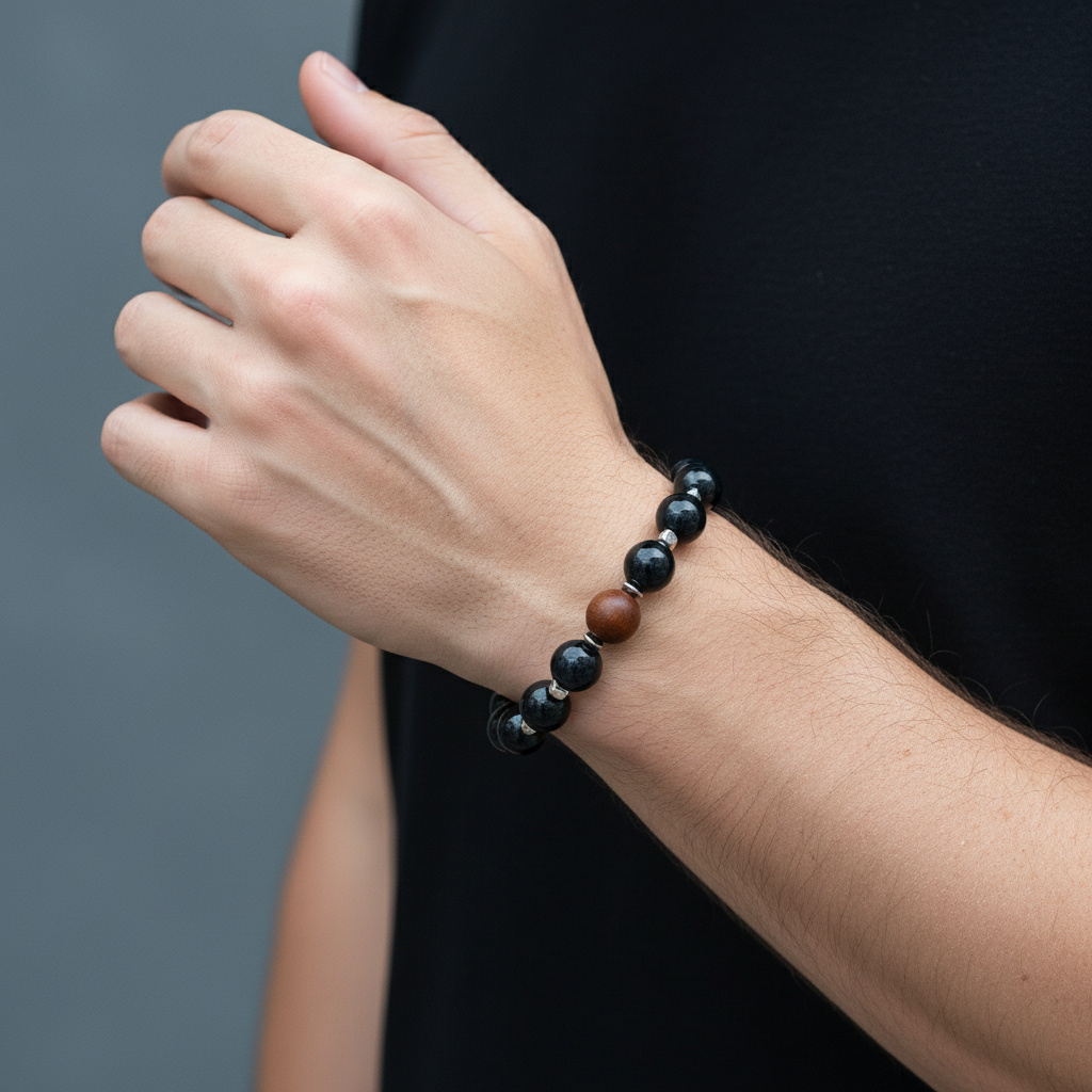 Браслет микс гематит, иолит (кордиерит) (дерево) 19 см