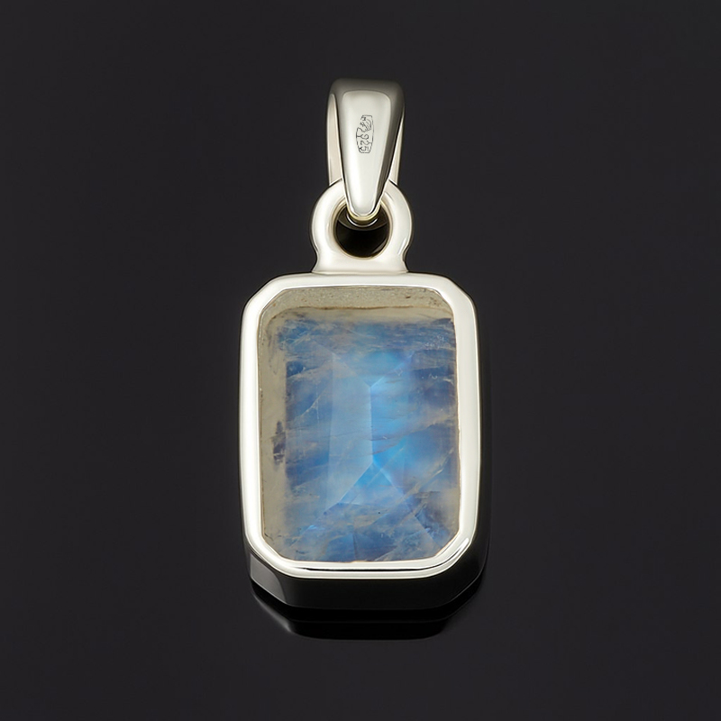 Кулон лунный камень (адуляр) Индия прямоугольник огранка (серебро 925 пр. родир. бел.)