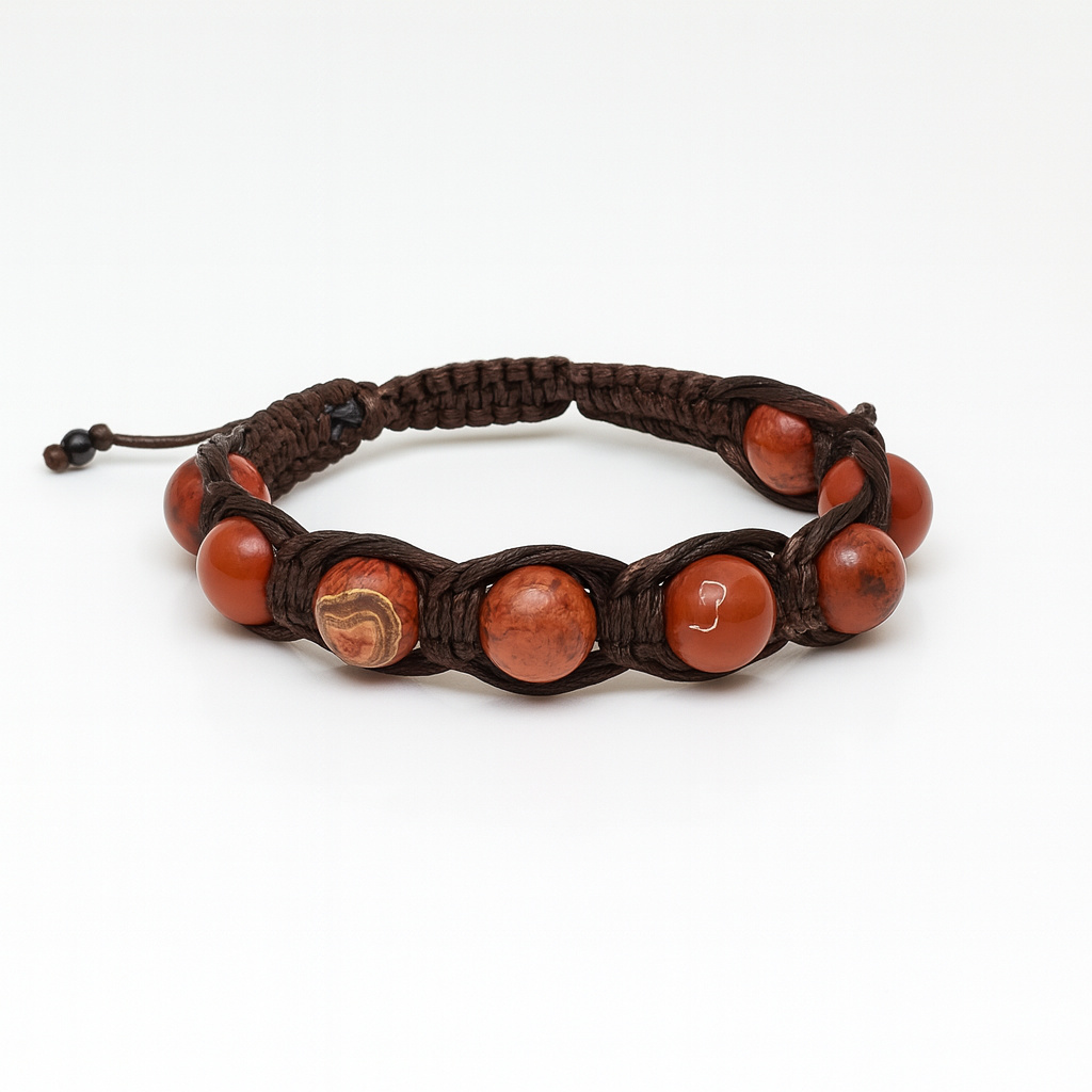 Браслет яшма красная ЮАР (текстиль) шамбала 10 мм 16 см (регулируемый)