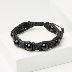 Браслет агат черный Бразилия (текстиль) шамбала 10 мм 19 см (регулируемый)