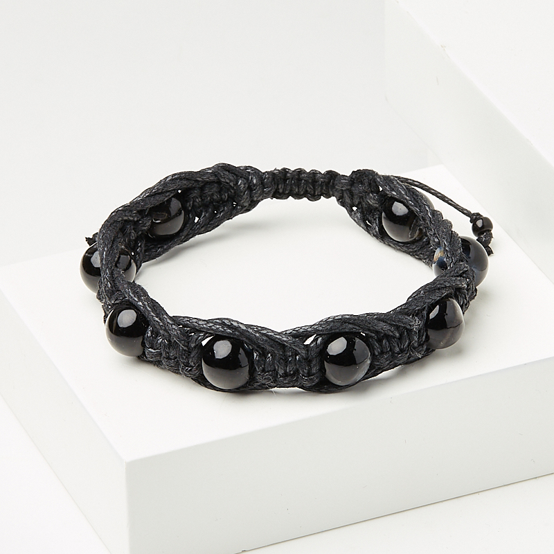 Браслет агат черный Бразилия (текстиль) шамбала 10 мм 19 см (регулируемый)