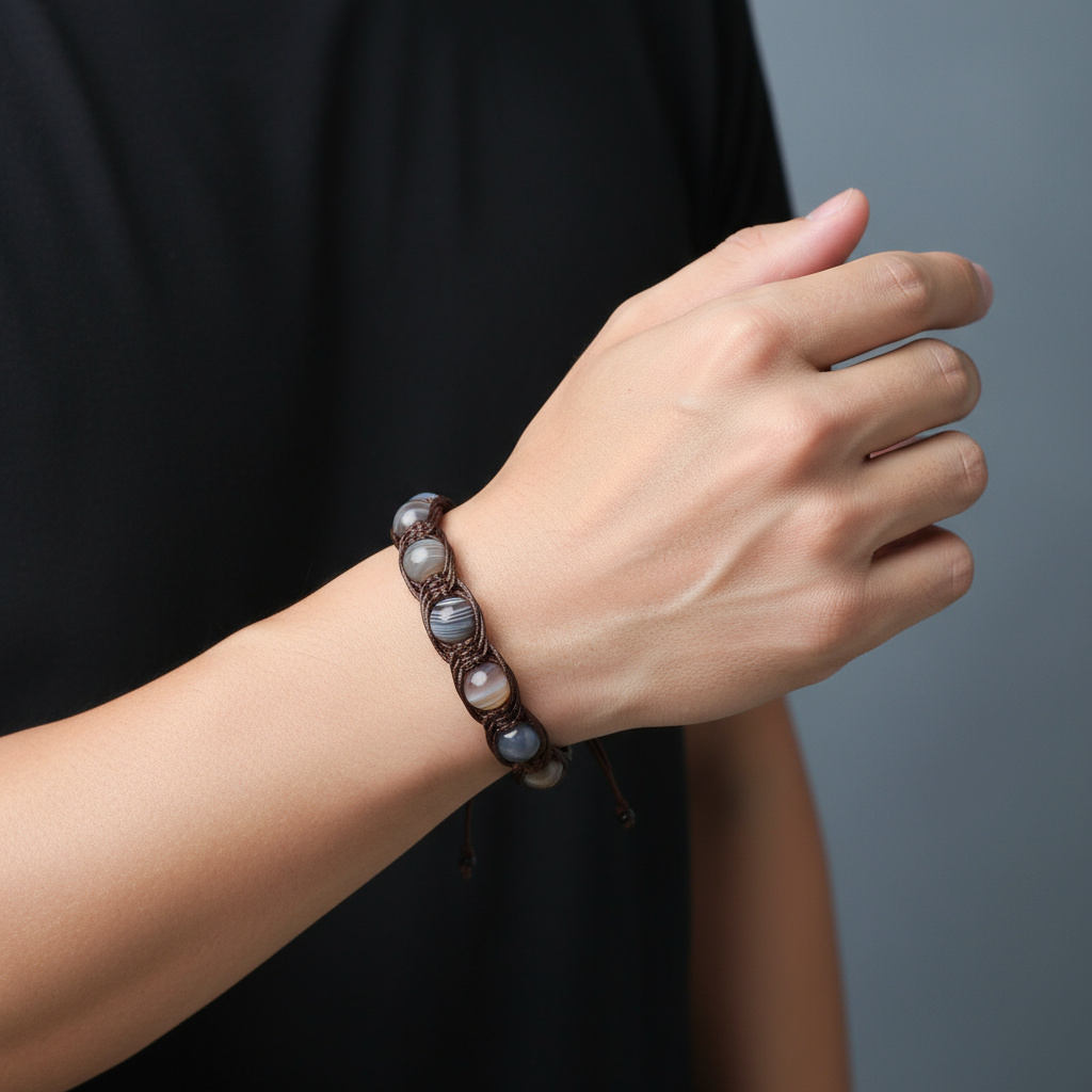 Браслет агат серый Ботсвана (текстиль) шамбала 10 мм 17 см (регулируемый)