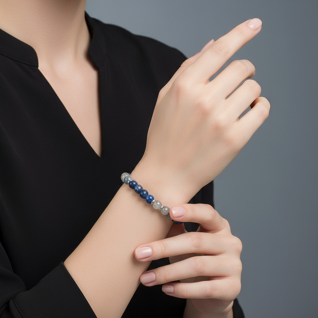 Браслет Скорпион микс лабрадор, содалит (сталь хир.) 6 мм 16 см