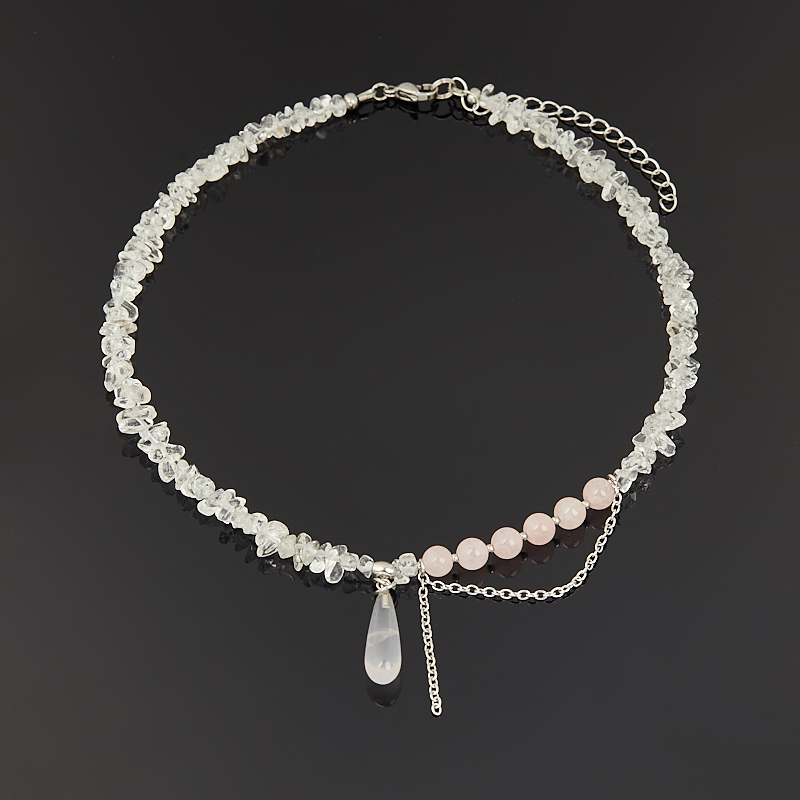 Колье микс горный хрусталь, розовый кварц (сталь хир.) 6 мм 39 см (+7 см)