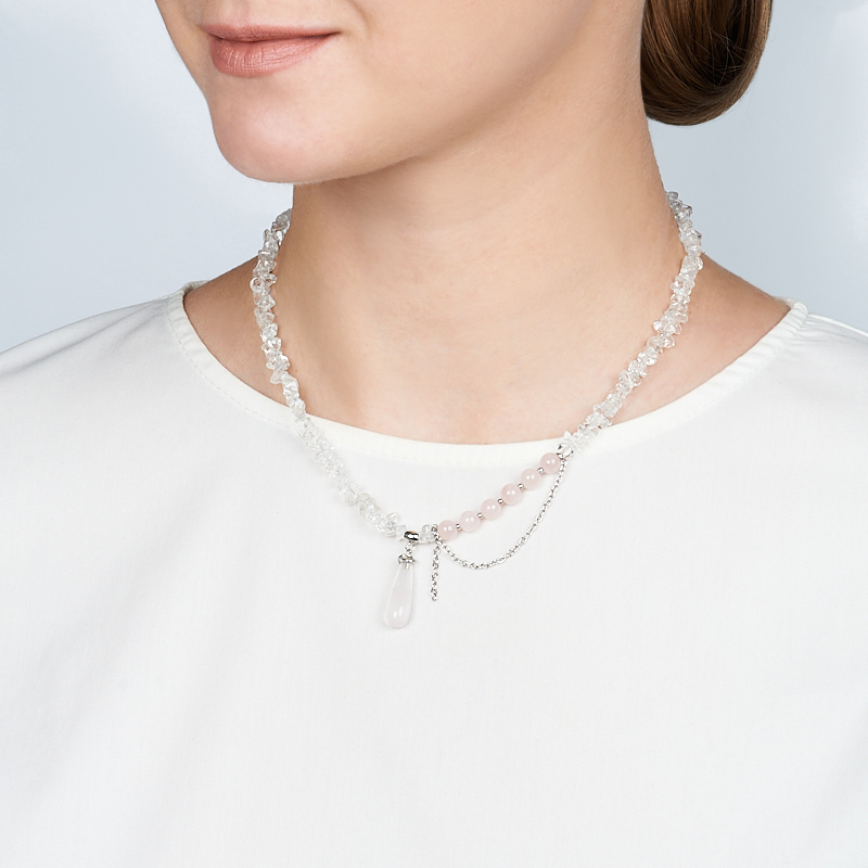 Колье микс горный хрусталь, розовый кварц (сталь хир.) 6 мм 39 см (+7 см)