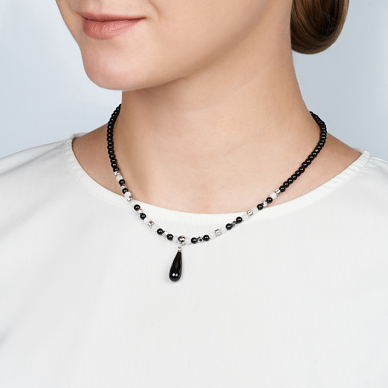 Колье микс агат, гематит, лунный камень (сталь хир.) 4 мм 40 см (+7 см)