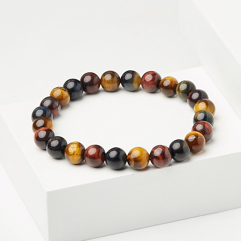 Браслет микс бычий глаз, соколиный глаз, тигровый глаз 8 мм 16 см