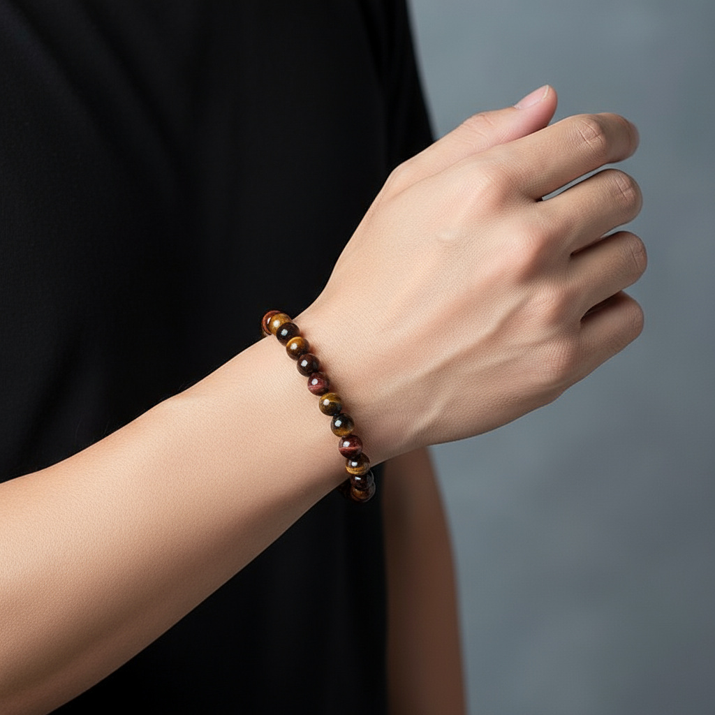 Браслет микс бычий глаз, соколиный глаз, тигровый глаз 8 мм 16 см