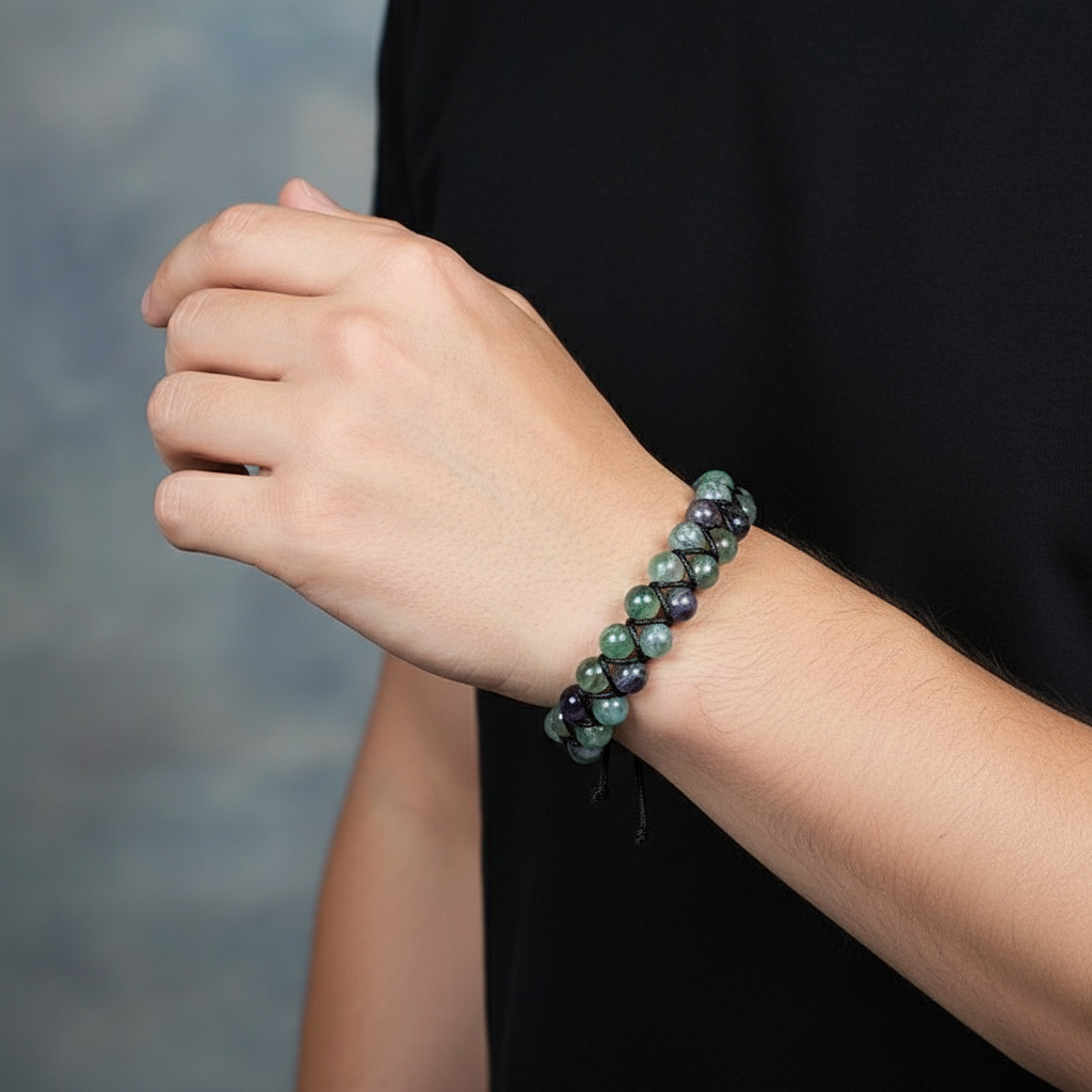 Браслет флюорит (текстиль) шамбала 8 мм 16 см (регулируемый)