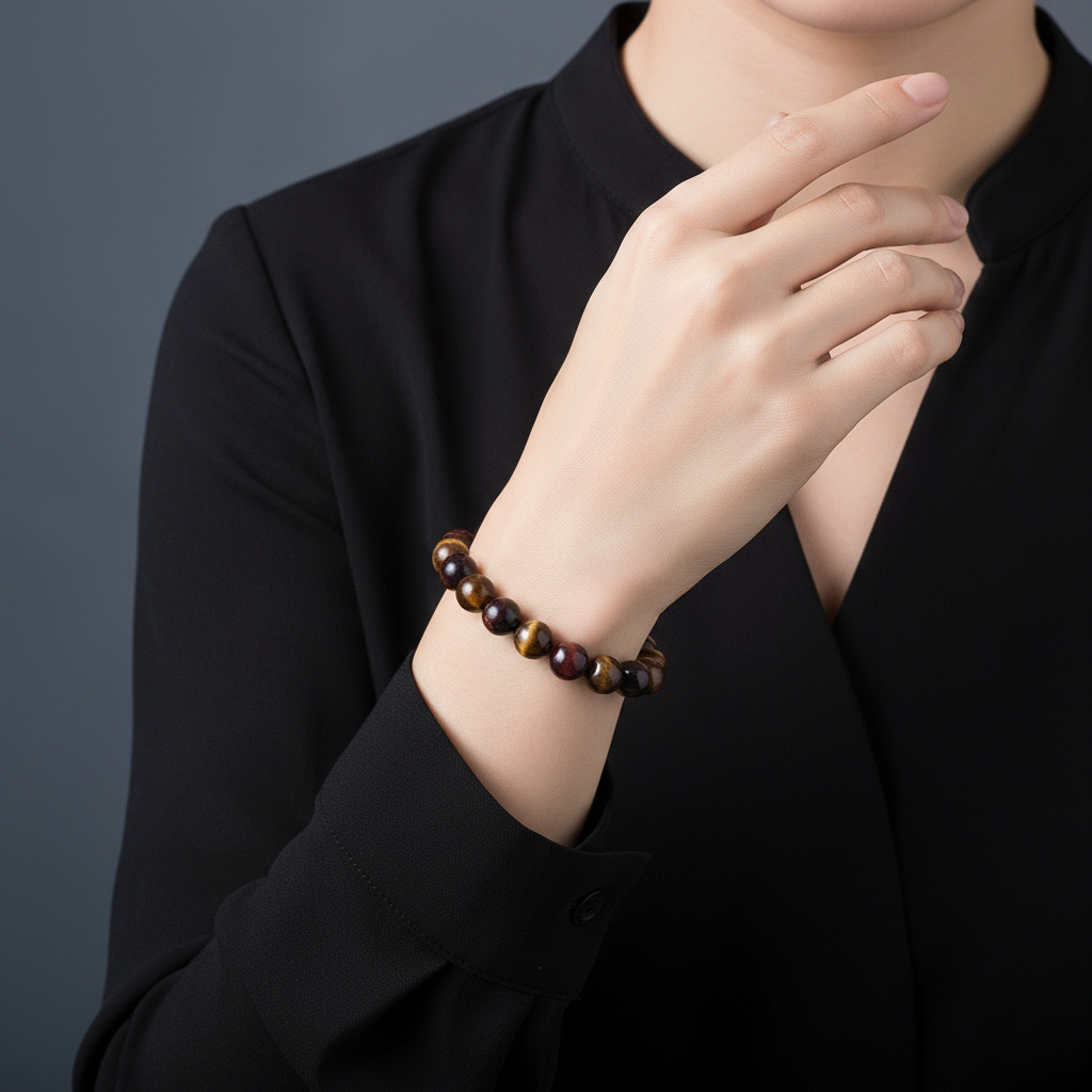 Браслет микс бычий глаз, тигрово-соколиный глаз 12 мм 16 см