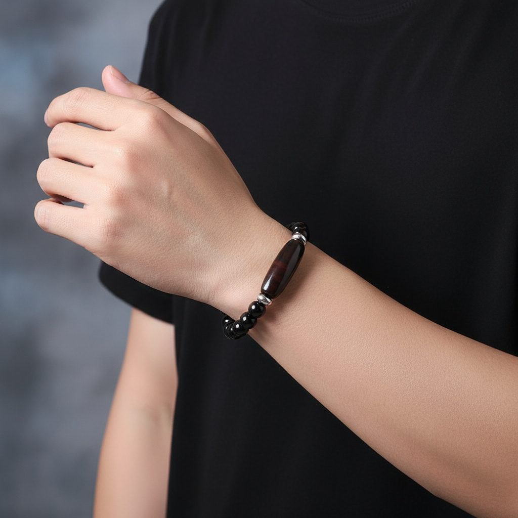 Браслет агат черный Бразилия (биж. сплав) 8 мм 18 см