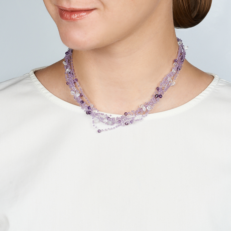 Колье микс аметист, горный хрусталь (сталь хир.) 4 мм 44 см (+7 см)