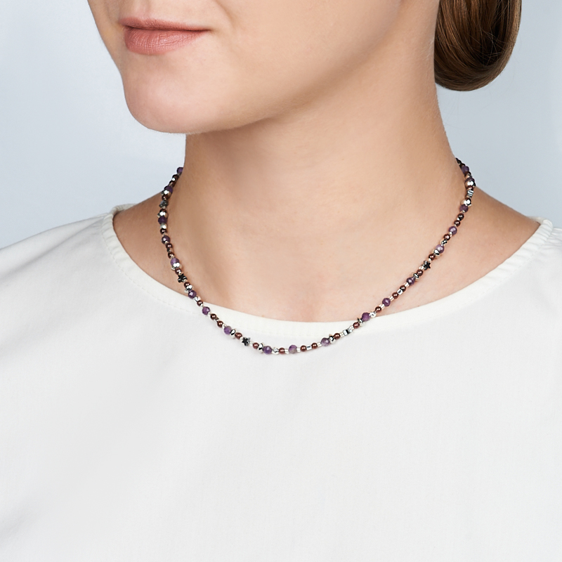 Бусы микс аметист, гематит, гранат (сталь хир.) 38 см (+7 см)