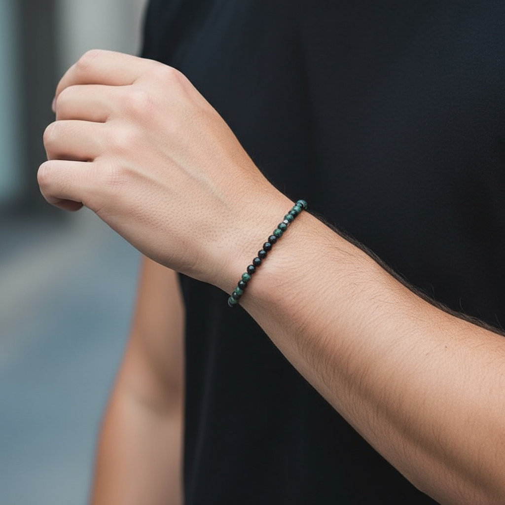 Браслет яшма зеленая Мадагаскар (сталь хир.) 4&nbsp;мм 17&nbsp;см