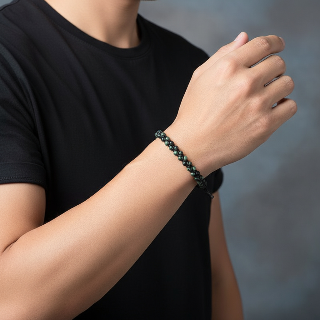 Браслет яшма зеленая Мадагаскар (текстиль) шамбала 4 мм 17 см (регулируемый)