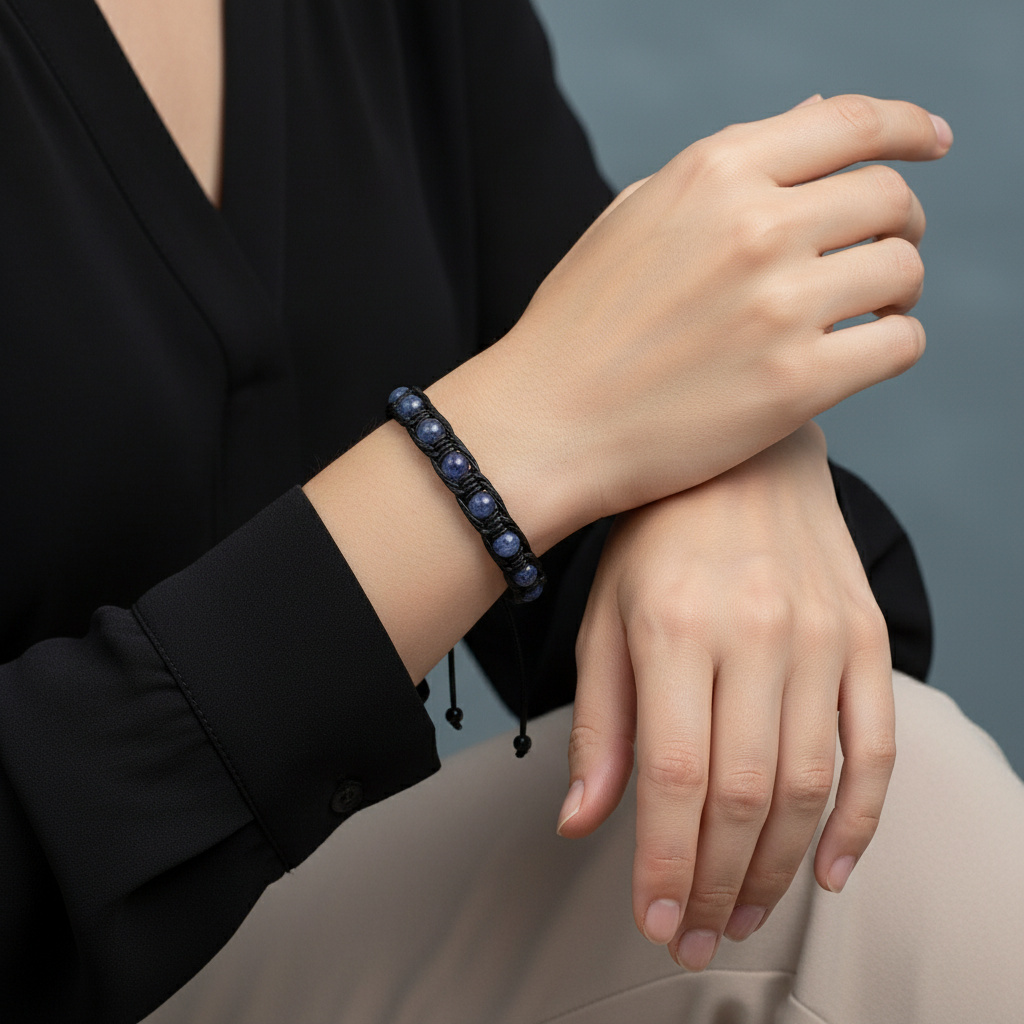 Браслет иолит (кордиерит) Индия (текстиль) шамбала 6 мм 20 см (регулируемый)