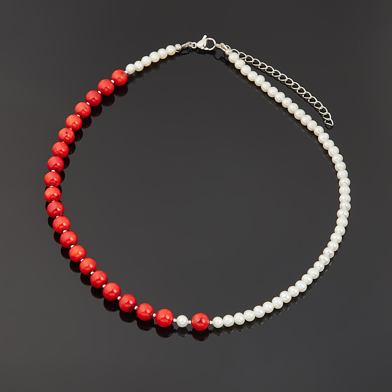 Колье микс жемчуг, коралл (сталь хир.) 7 мм 45 см (+7 см)