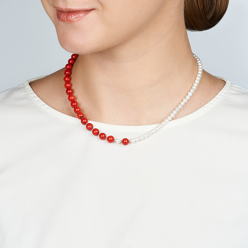 Колье микс жемчуг, коралл (сталь хир.) 7 мм 45 см (+7 см)