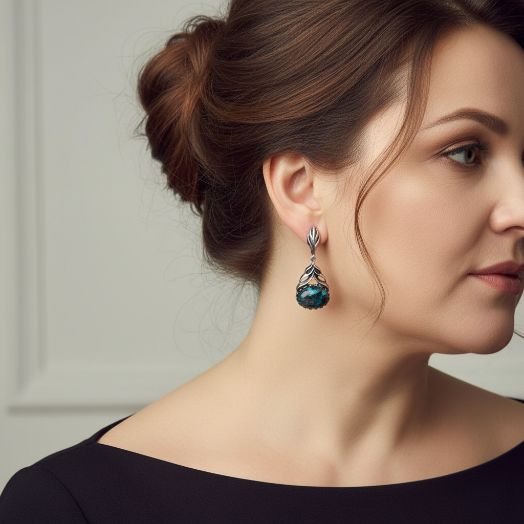 Серьги хризоколла Конго (серебро 925 пр. оксидир.)