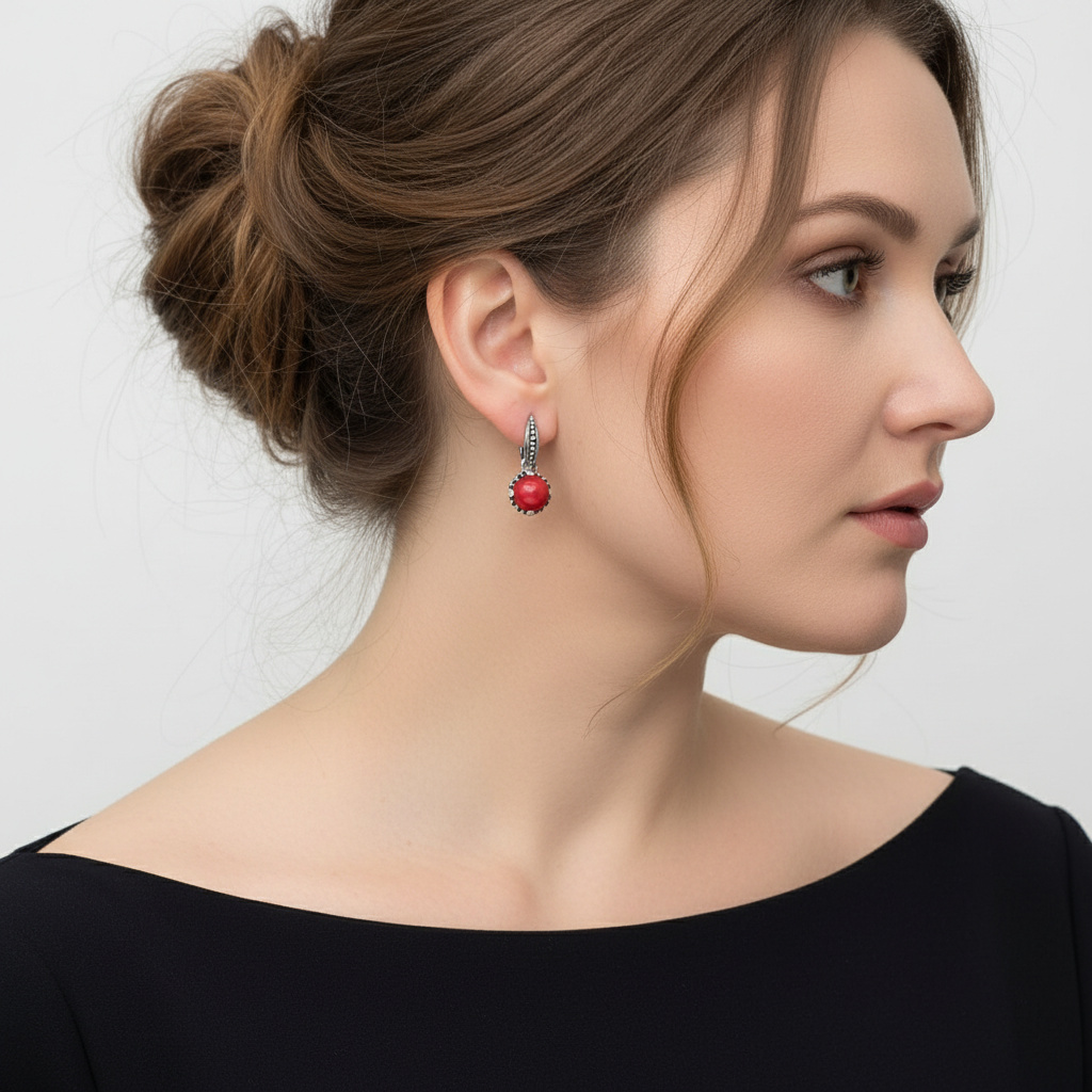 Серьги коралл красный Индонезия (серебро 925 пр. оксидир.)