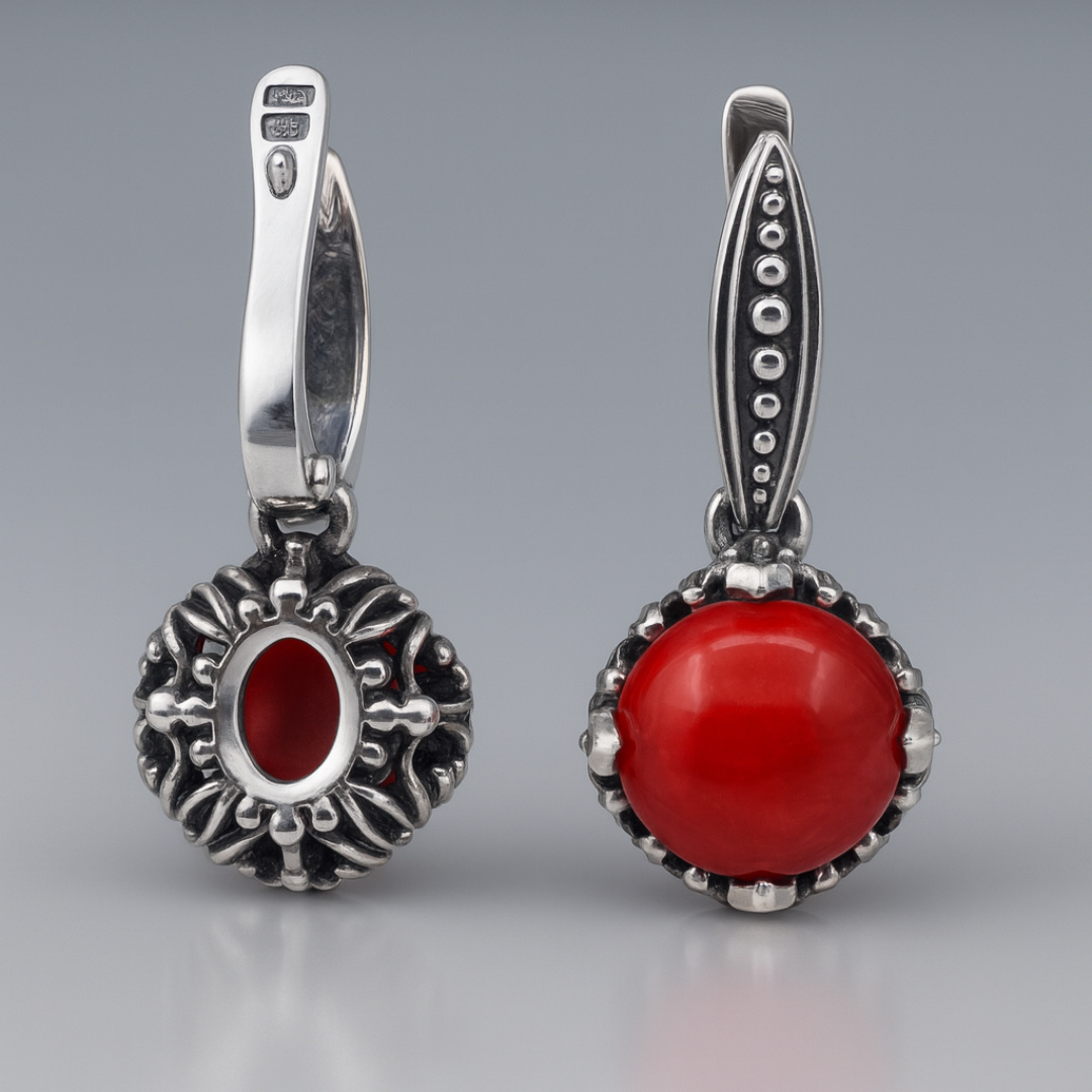 Серьги коралл красный Индонезия (серебро 925 пр. оксидир.)