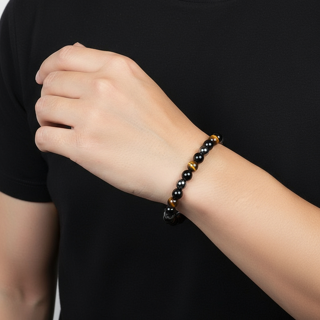 Браслет микс гематит, обсидиан, тигровый глаз 8 мм 20 см