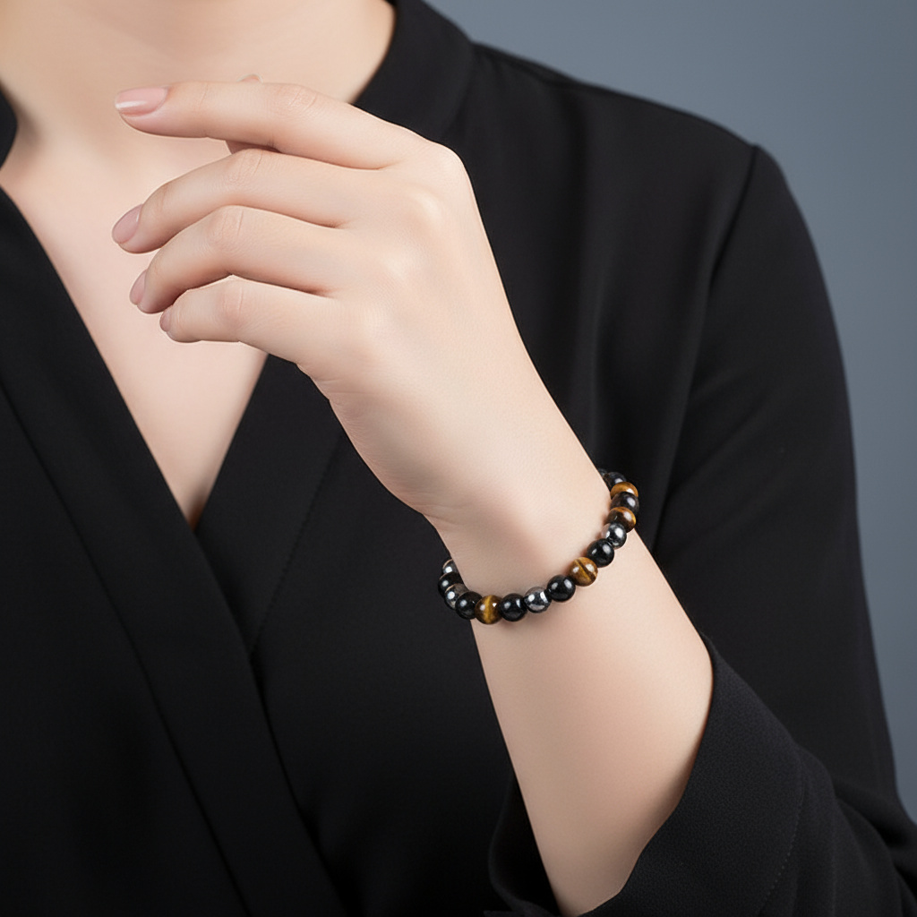 Браслет микс гематит, обсидиан, тигровый глаз 8 мм 20 см