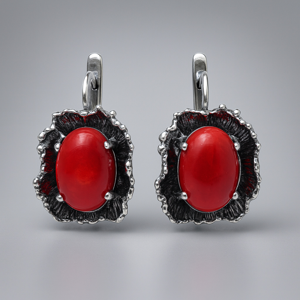 Серьги коралл красный Индонезия (серебро 925 пр. оксидир.)