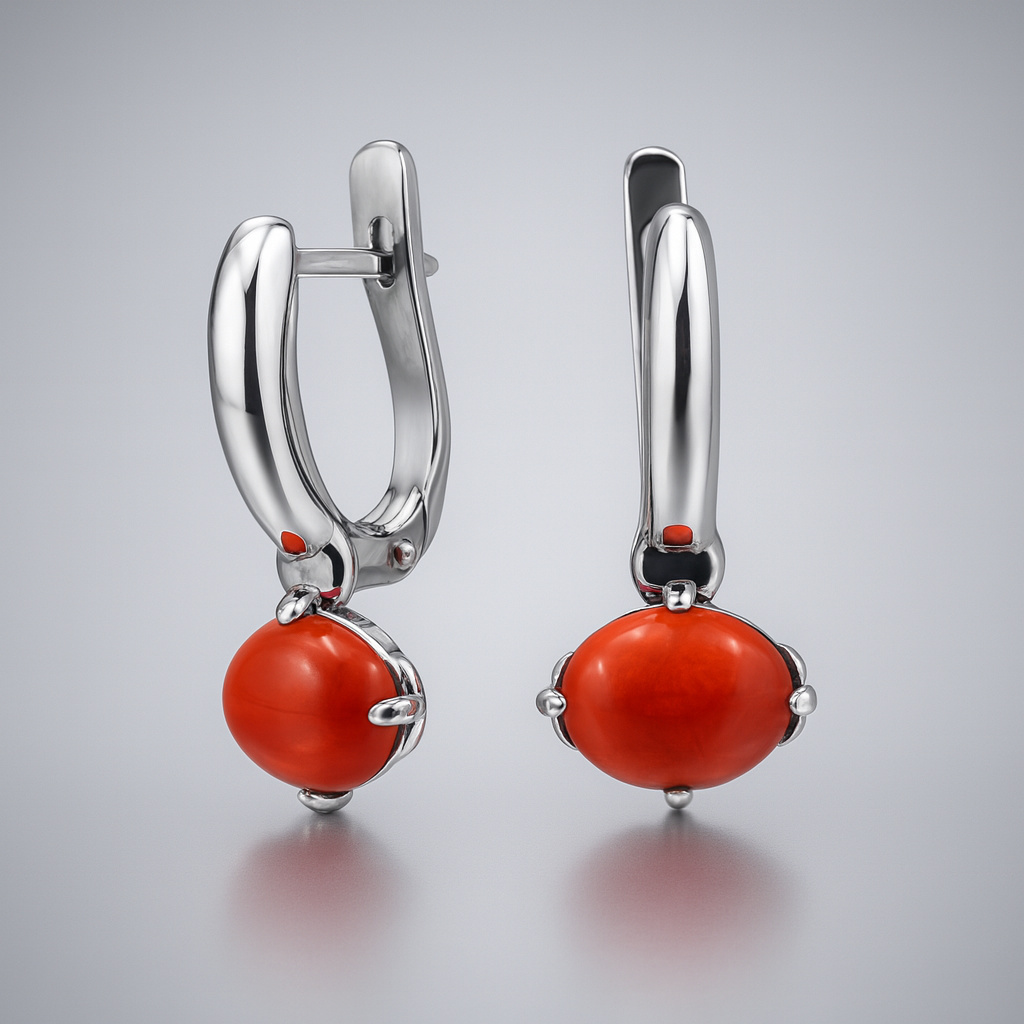 Серьги коралл оранжевый Индонезия (серебро 925 пр. оксидир.)
