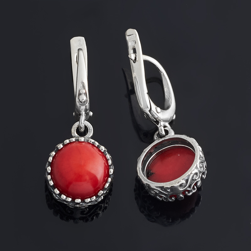 Серьги коралл красный Индонезия (серебро 925 пр. оксидир.)