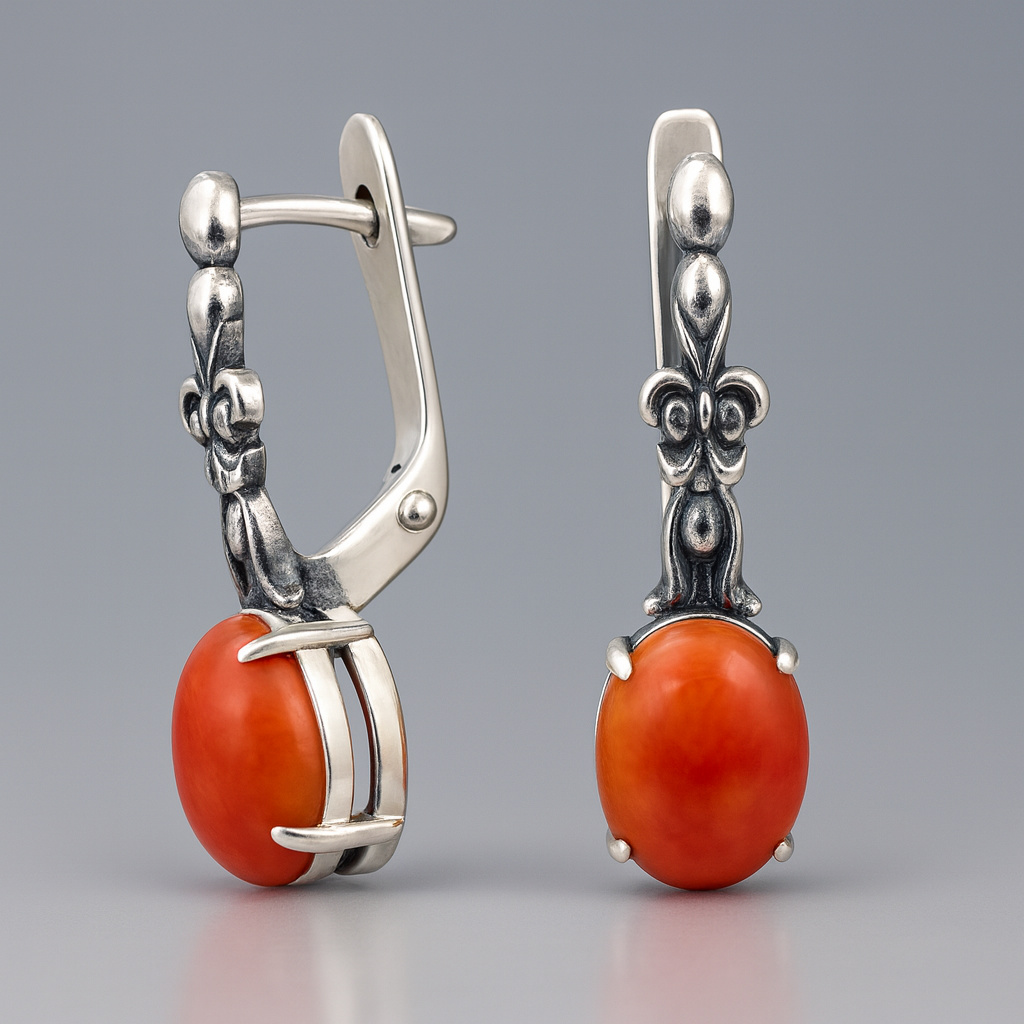 Серьги коралл оранжевый Индонезия (серебро 925 пр. оксидир.)