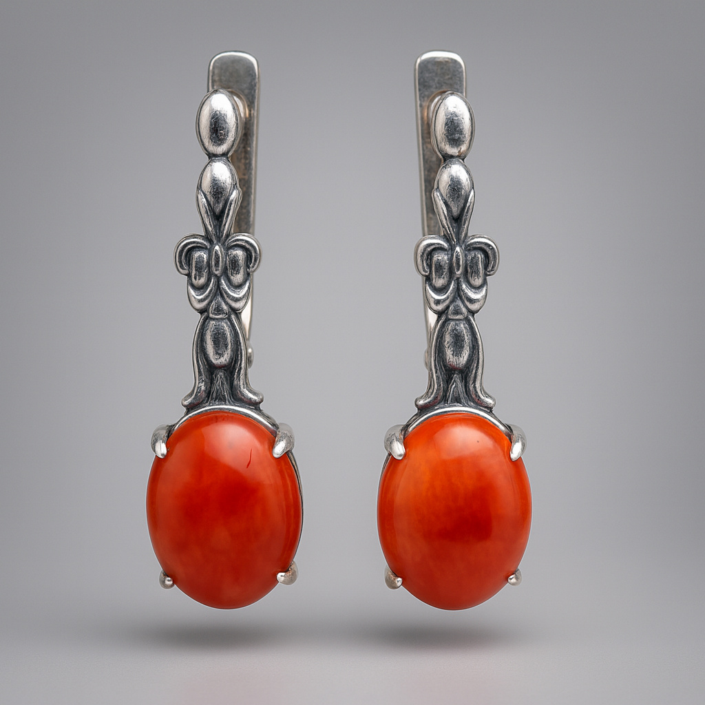 Серьги коралл оранжевый Индонезия (серебро 925 пр. оксидир.)