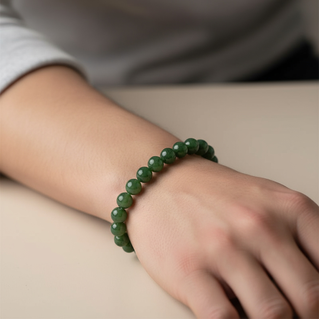 Браслет нефрит зеленый Россия 9 мм 17 см