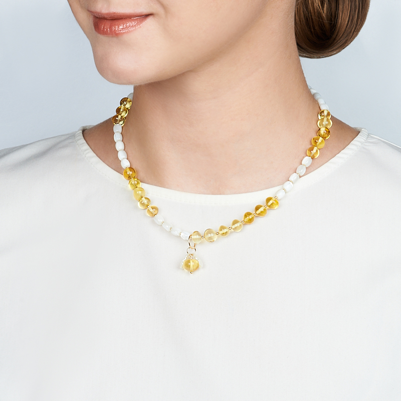 Колье микс перламутр, янтарь (биж. сплав позолота) 45 см (+4 см)