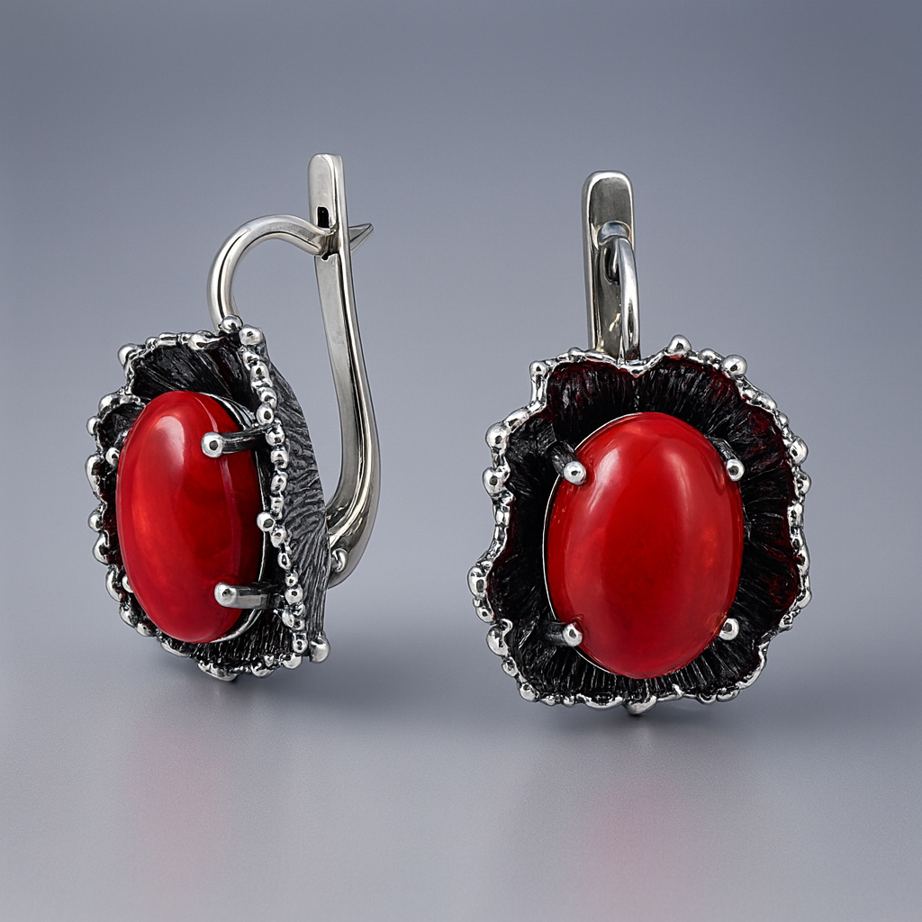 Серьги коралл красный Индонезия (серебро 925 пр. оксидир.)