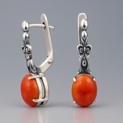 Серьги коралл оранжевый Индонезия (серебро 925 пр. оксидир.)