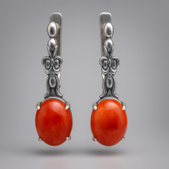 Серьги коралл оранжевый Индонезия (серебро 925 пр. оксидир.)