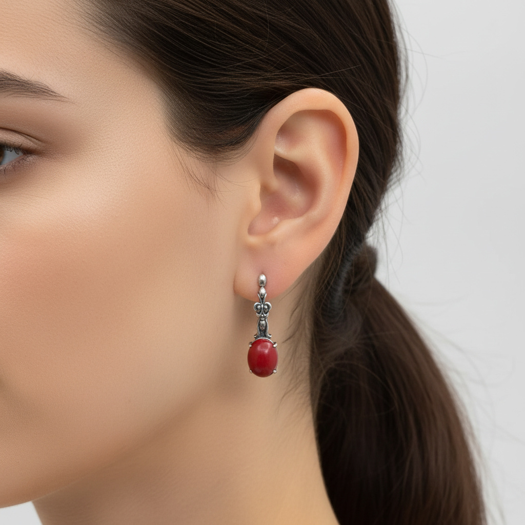Серьги коралл красный Индонезия (серебро 925 пр.)
