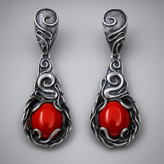 Серьги коралл красный Индонезия (серебро 925 пр. оксидир.)