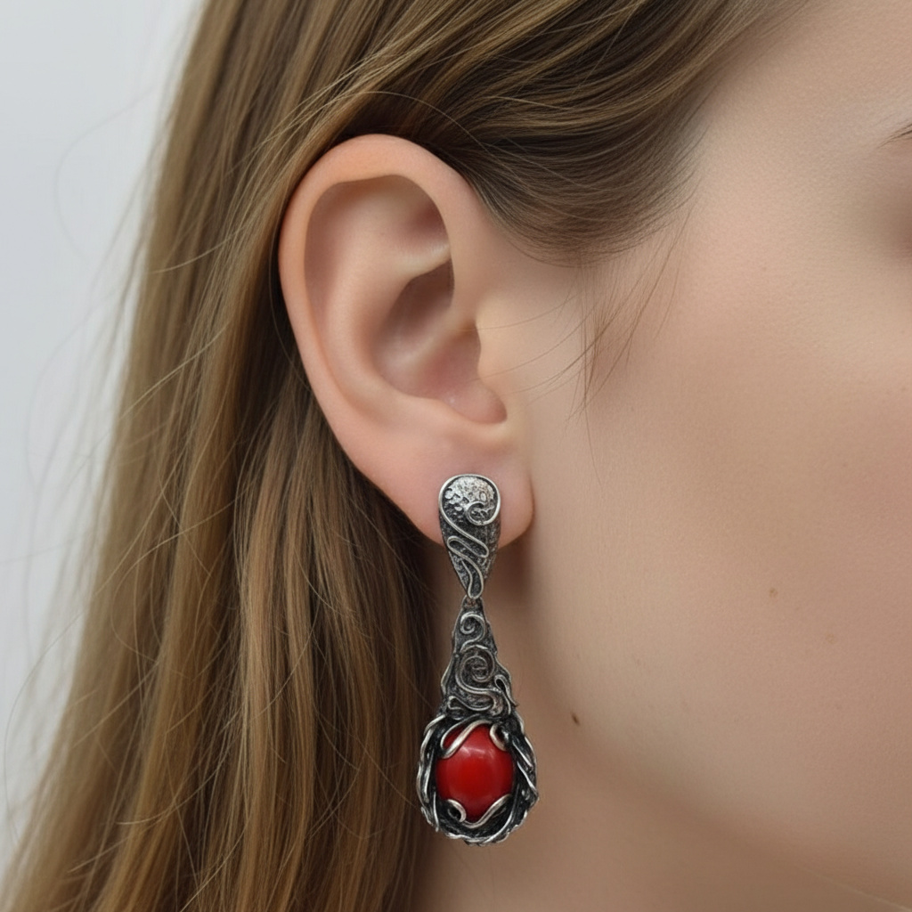 Серьги коралл красный Индонезия (серебро 925 пр. оксидир.)