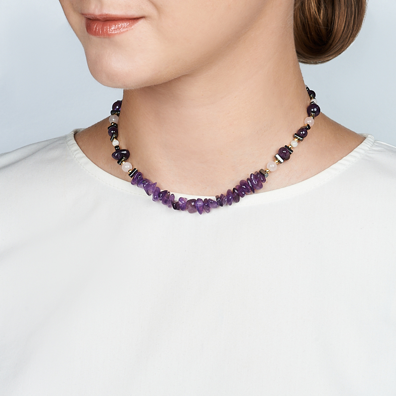 Чокер микс аметист, гематит, лунный камень, розовый кварц (сталь хир. позолота) 37 см (+7 см)